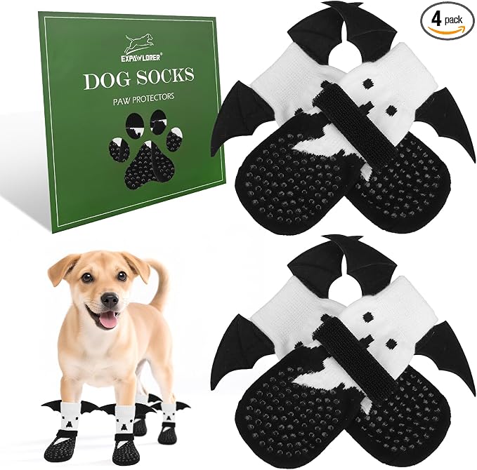 EXPAWLORER Halloween Anti Slip Dog Socks to Prevent Licking Paws, Boots & Paw Protectors with Grippers,Doggie Booties for Hardwood Floors for Small Medium Large Senior Dogs Costume White Ghost Wings S by EXPAWLORER