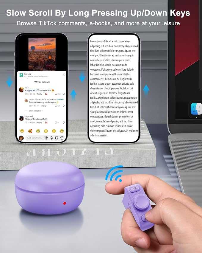 [New Upgrade, Easy to Use] TikTok Scrolling Ring Remote Control, Camera Shutter Remote, Wireless Bluetooth Scrolling Ring for iPhone, iPad, iOS, Android - Light Purple - Image 2