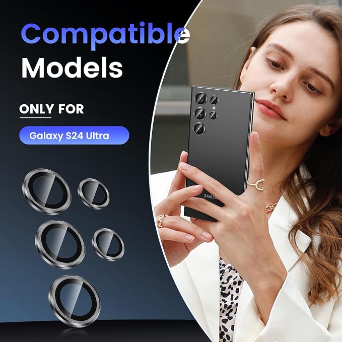 Tensea Compatible with Samsung Galaxy S24 Ultra Camera Lens Protector | 9H Tempered Glass Camera Cover Screen Protector Metal Individual Ring [Installation Tray][Case Friendly] - Image 2