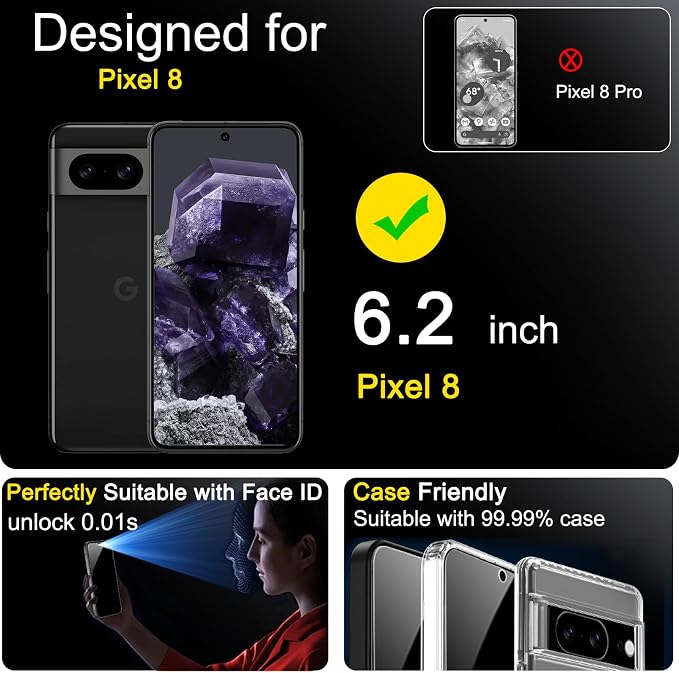 Ferilinso Privacy Screen Protector for Google Pixel 8, Tempered Glass | 3 Pack, 9H+ Hardness, Military-Grade Shatterproof, Case Friendly, Easy Installation Bubble Free, with Camera Lens Protectors - Image 2