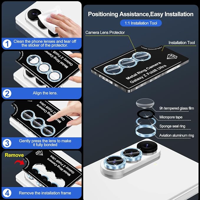 for Samsung Galaxy Z Fold 8 Ultra Camera Lens Protector, Individual Metal Ring Tempered Glass Lens Cover, [Strong Adsorption] Scratch Resistant Ultra-Thin HD Clear Lens Cover, 1 Set-Blue Sparkly - Image 7