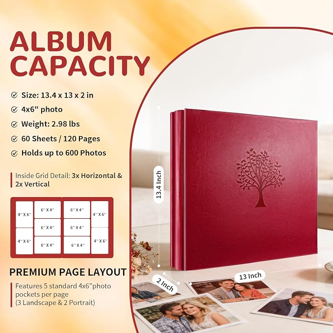 Photo Album 4x6 600 Slip-in Pockets, PU Leather Large Capacity Photo Book | Holds Horizontal & Vertical Photos Acid-Free for Mom Grandma Baby Shower Wedding Anniversary Christmas - Image 2