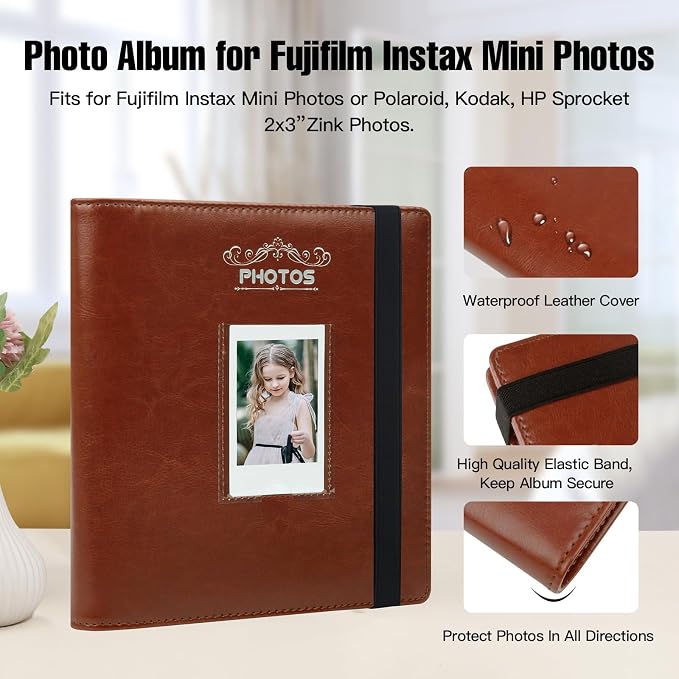 Veicevol 288-Pocket 2x3 Photo Album for Instax Mini and Polaroid, Brown | PU Leather Cover Keeps, Fits Instax Mini and Polaroid 2x3 Photos, Protects Travel, Wedding and Family Memories - Image 3
