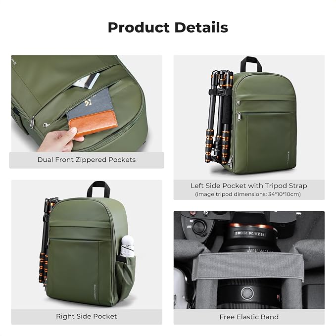 K&F CONCEPT Camera Backpack, DSLR/SLR/Mirrorless Photography Camera Bag | 14in Laptop Compartment & Rain Cover, 600D Fabric for Travel & Daily, Men & Women, Dual-Mode Detachable Dividers, Green, B19 - Image 6