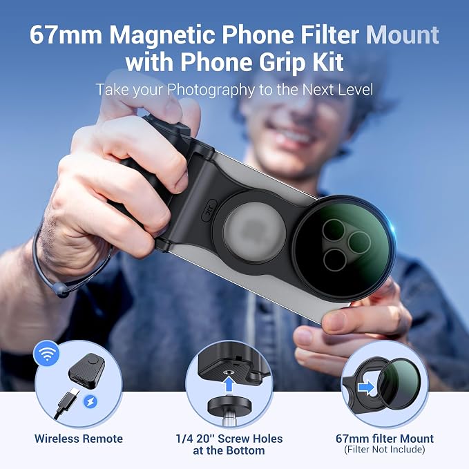 67mm Magnetic Phone Lens Filter Adapter Kit for iPhone 16/15/14 Pro(NOT for Pro Max),UV ND CPL Phone Filter Mount with Universal Smartphone Camera Shutter Grip for Photography(Filters Not Included) - Image 4