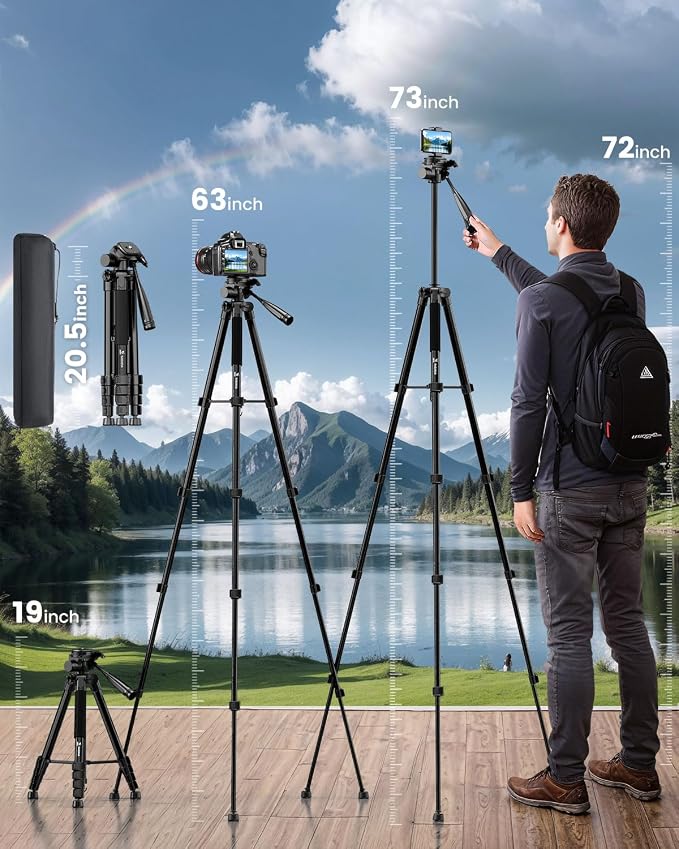 73" Camera Tripod for Camera and Phone, Aluminum Travel Tripod | DSLR Tripod with Phone Holder, Quick Release Plate, Travel Bag, Compatible with GoPro Camcorder, 8.8 lbs Load - Image 3