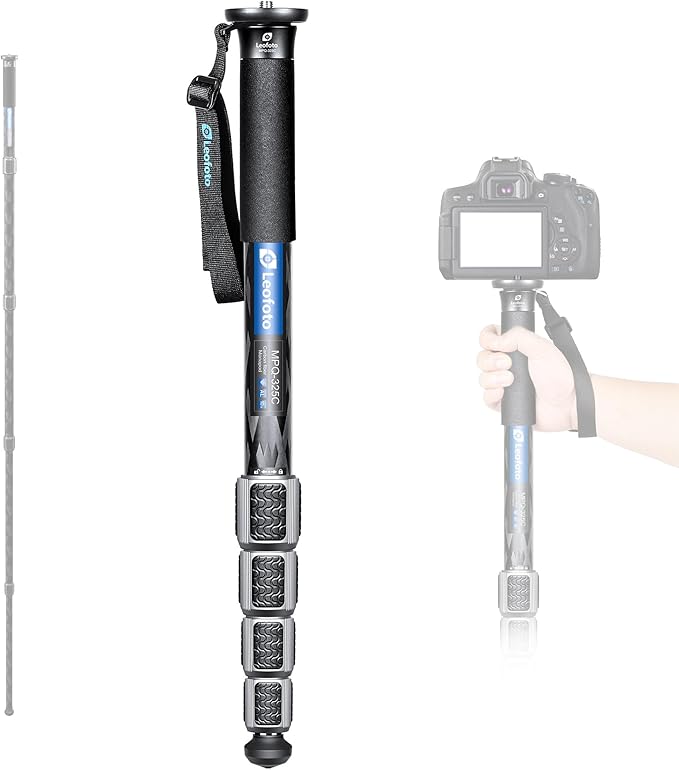 LEOFOTO Camera Monopod Carbon Fiber Portable Compact Lightweight Travel Monopod with Wrist Strap, Silicone Handle, Twist Locks, 5-Section up to 165cm, Max Load 15kg，Black(MPQ-325C) by TAKINGITFURTHER-LEOFOTO