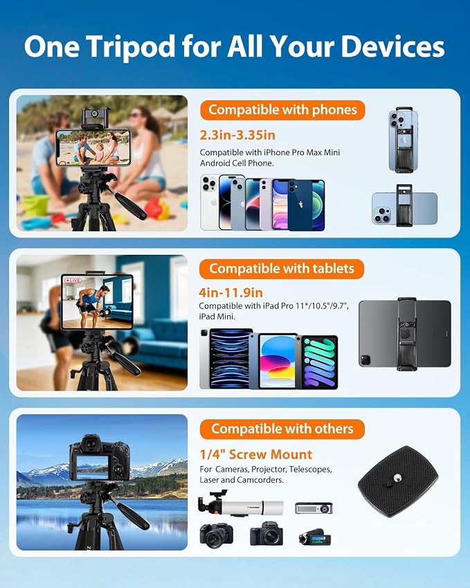 75inch Camera Tripod for ipad iPhone, Heavy Duty Aluminum Tripod with 360° Panoramic Ball Head,Compatible with Canon/Nikon/Sony DSLRs (Load 15 lbs for Travel/Live Streaming/Macro Shooting) - Image 5