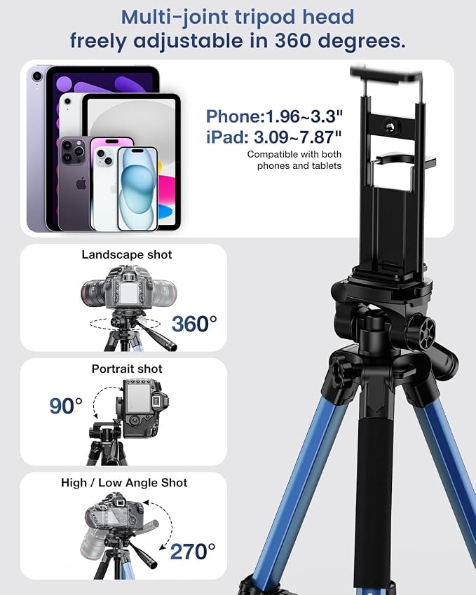 CAMBOFOTO 73" Camera Tripod and Monopod, Aluminum Tripod Stand/Navy Blue | for Professional Camera/Mirrorless/DSLR/Cell Phone/Camcorder/GoPro, with Phone Holder/Travel Bag - Image 5