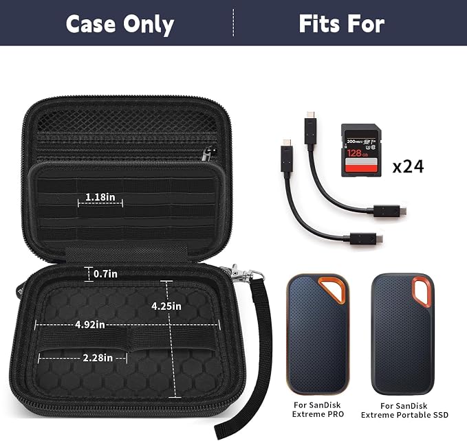 PAIYULE Dual SSD Case for 2 SanDisk Extreme Portable SSDs & Extreme PRO | Elastic Straps Secure Two Drives, Mesh Pocket Organizes Cables, Carabiner Adds Portability, Black, Case Only - Image 2