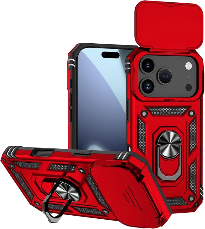 SunStory Phone Case for iPhone 17 Pro Case with HD Screen Protector & Slide Camera Cover & Rotated Ring Kickstand, [Military-Grade] Phone Case for iPhone 17 Pro, Red - Image 9