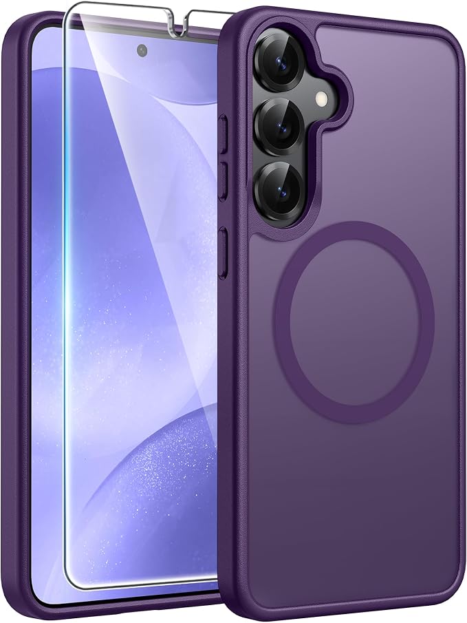 FNTCASE for Samsung Galaxy S25/S24 Case, Fit for Magsafe, Screen Protector | Translucent Matte Magnetic Back, 14FT Military Grade Drop Protection, Shockproof Protective Phone Cover, Purple by FNTCASE