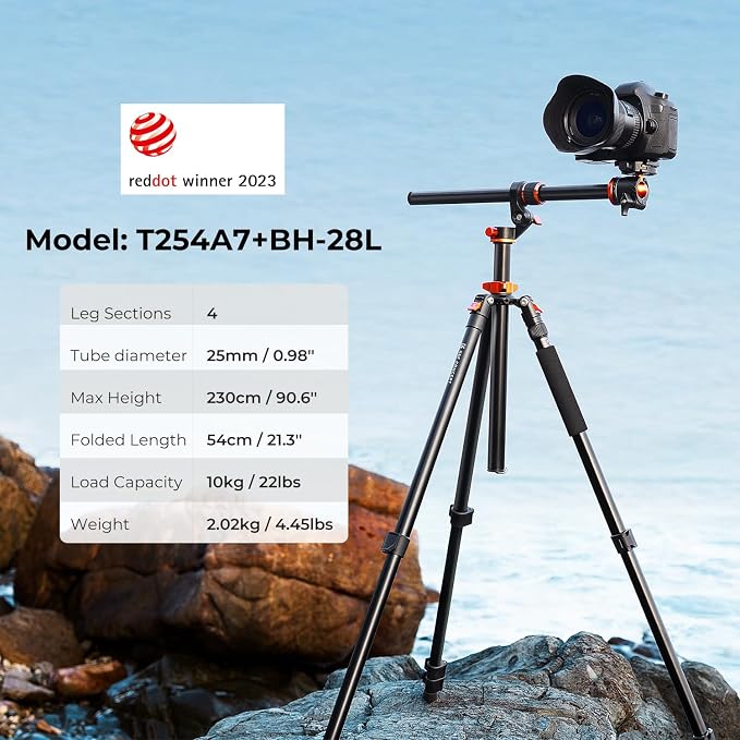 K&F CONCEPT 90''/230cm Ultra High Horizontal Overhead Camera Tripod | Metal Ball Head, 10KG Load Capacity, Detachable Monopod, Flexible Shooting DSLR Travel Video Tripods T254A7+BH-28L - Image 2
