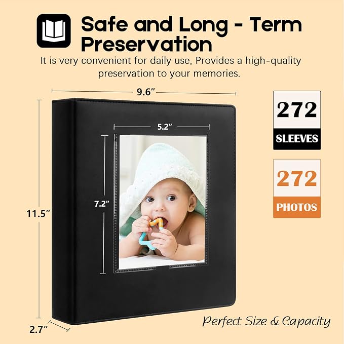 Aevdor 5x7 Photo Album, Large Capacity, 272 Photos, Leather Cover, Black | Clear 5x7 Photo Pockets, Front Display Window, Family, Wedding, Birthday, Anniversary & Travel Memories - Image 6