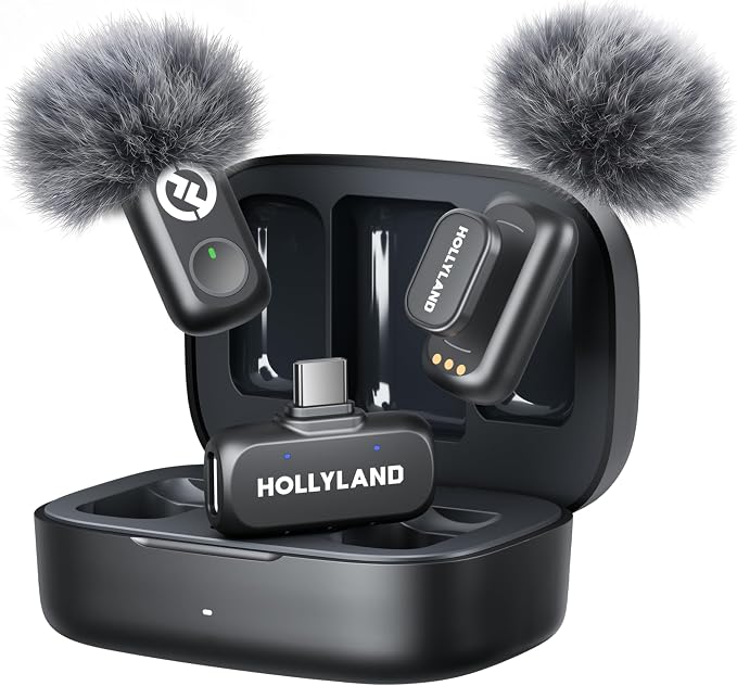 Hollyland Lark A1 Wireless Microphone for iPhone 17/16/15 & Android, 48kHz/24-bit, 3-Level Intelligent Noise Cancel, Mini Mic for YouTube, Podcast, Vlogging (Black, 2TX + USB-C RX + Charging Case) by Hollyland