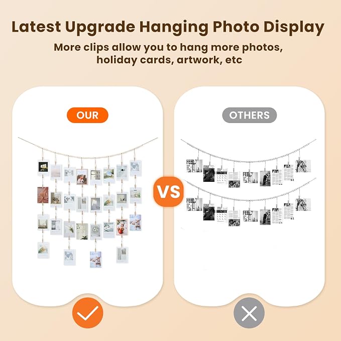 KLOGTSIND Hanging Photo Display with Clips, Wood Beads Garland Wall Decor | 28 Wooden Clips, Photo String Banner for Pictures Cards Artwork, Boho Room Dorm Decor, Christmas Teen Girl Gifts - Image 3