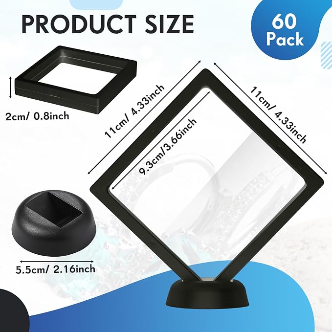 FairySandy 60 Pcs Floating Display Case Box, 4.33 Inch, Black | 3D Floating Frames with PE Film for Challenge Coin, medal, Jewelry Storage Box, Small Display Holder, Stand Base Included - Image 2