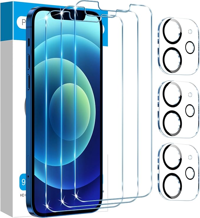 Fotbor for [3+3 Pack] iPhone 12 Screen Protector with Camera Lens Protector, 9H Shatterproof Tempered Glass Film with Easy Installation Frame, HD Clear Sensitive Full Coverage 6.1 Inch by Fotbor