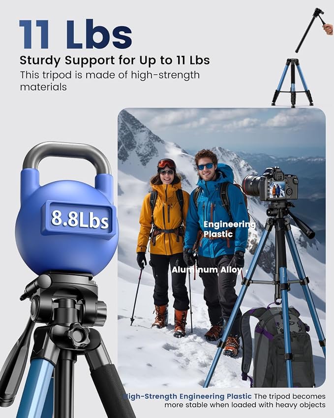 CAMBOFOTO 73" Camera Tripod and Monopod, Aluminum Tripod Stand/Navy Blue | for Professional Camera/Mirrorless/DSLR/Cell Phone/Camcorder/GoPro, with Phone Holder/Travel Bag - Image 2