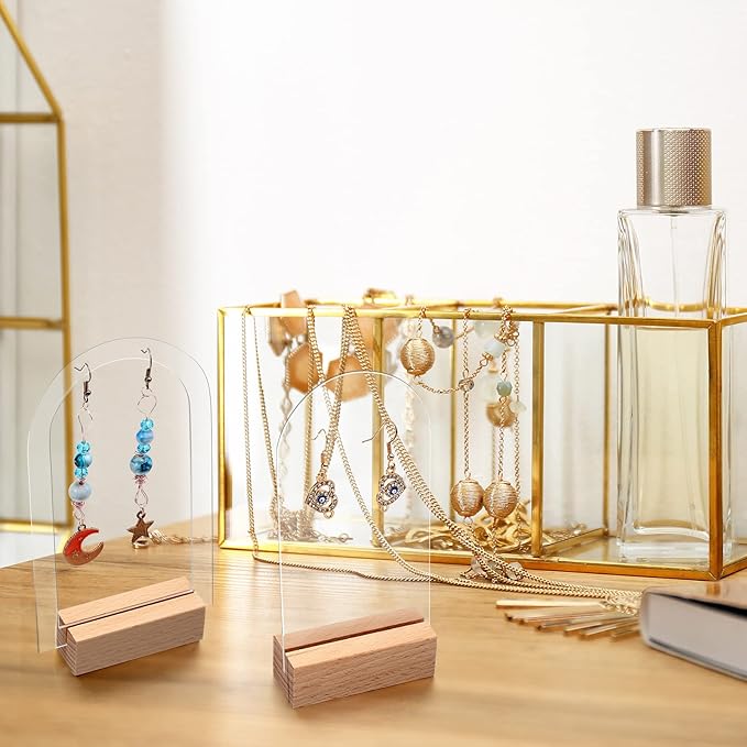 Yulejo Acrylic Earring Display Stand Jewelry Retail Holder Arch Acrylic Holder for Studs Dangle Earrings Solid Hollow Sign Stand Jewelry Displays with Wooden Bases - Image 5