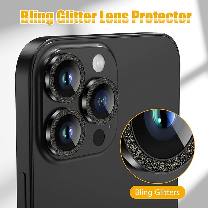 AGVEE 3+3 6 Pack for iPhone 14 Pro & Max Camera Lens Protector Cover | Individual Bling Diamond & Bling Glitter Sparkle Cute Gem Metal Ring, 9H Tempered HD Glass - Image 5