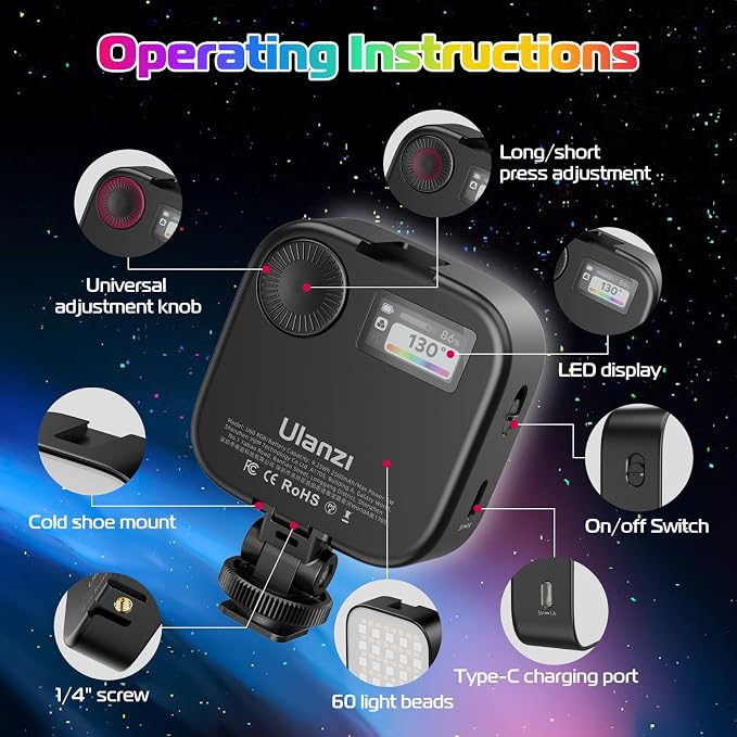 ULANZI U60 RGB Video Lights Black LED Camera Light 360° Full Color Portable Photography Lighting w Quick Release Cold Shoe Adapter and Clip, 2500mAh Rechargeable CRI 95+ 2500-9000K Dimmable Panel Lamp - Image 6