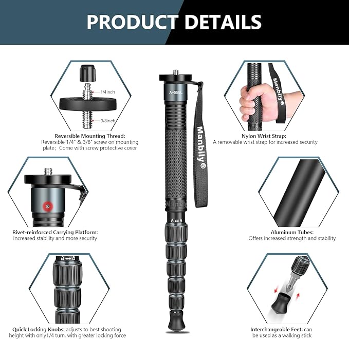 Monopods for Cameras 15.75'' - 61'' Camera Monopod Walking Stick with Handle Portable Compact Travel Monopod Aluminum Selfie Stick 6 Sections 7KG for DSLR Video Camcorder Stand (A-555L Grey) - Image 4