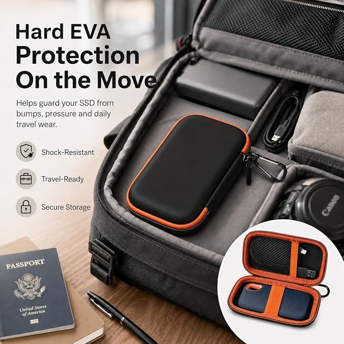 SSD Case for SanDisk Extreme Portable SSD & Extreme PRO, Hard Shell Protective Storage Bag with Carabiner, Fits 1TB 2TB 4TB 8TB External Solid State Drive for Business Travel(Orange) | Elastic Strap Secures the SSD, Mesh Pocket Organizes Cables, Carabi... - Image 5