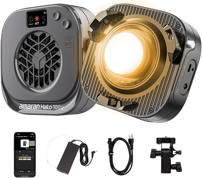 amaran Halo 100x Portable Video Light,100W Bi-Color COB Light | CRI 96+, TLCI 97+ APP Control 2,700K-6,500K Bowens Mount LED Studio Lighting for YouTube Vlog Recording Photography Light by amaran
