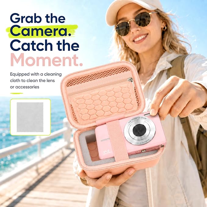 Comecase Camera Case for Kodak PIXPRO FZ55/FZ45/ for CAMKORY, Tiffany Pink | Hard EVA Shell, Padded Divider and 2 SD Card Slots Organize a Compact Camera, Charger and Cable for Travel. Case Only. - Image 7