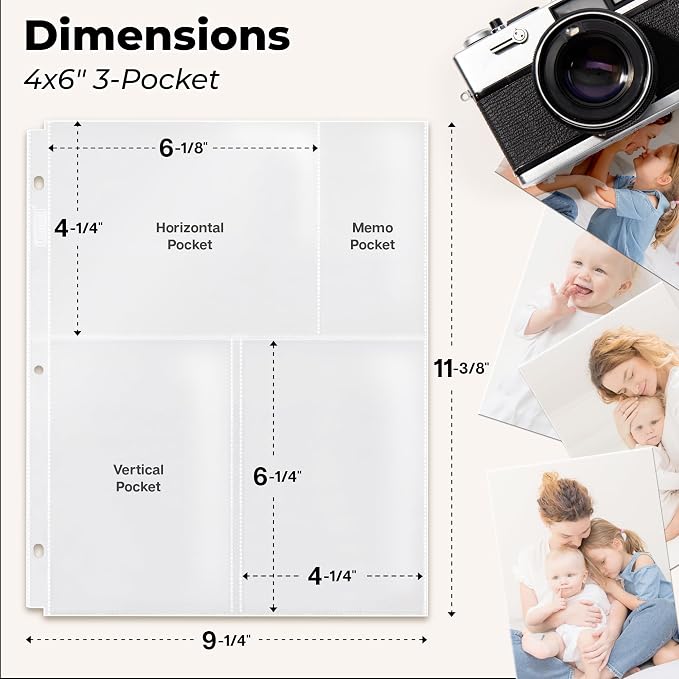 Dunwell Photo Sleeves for 3-Ring Binder, (4x6 Mixed Format, 25 Pack) for 150 Pictures, Each Photo Page Sheet Holds Six 4 x 6 Pictures or Postcards, Acid-Free Poly 4x6 Album Refill Pages - Image 2