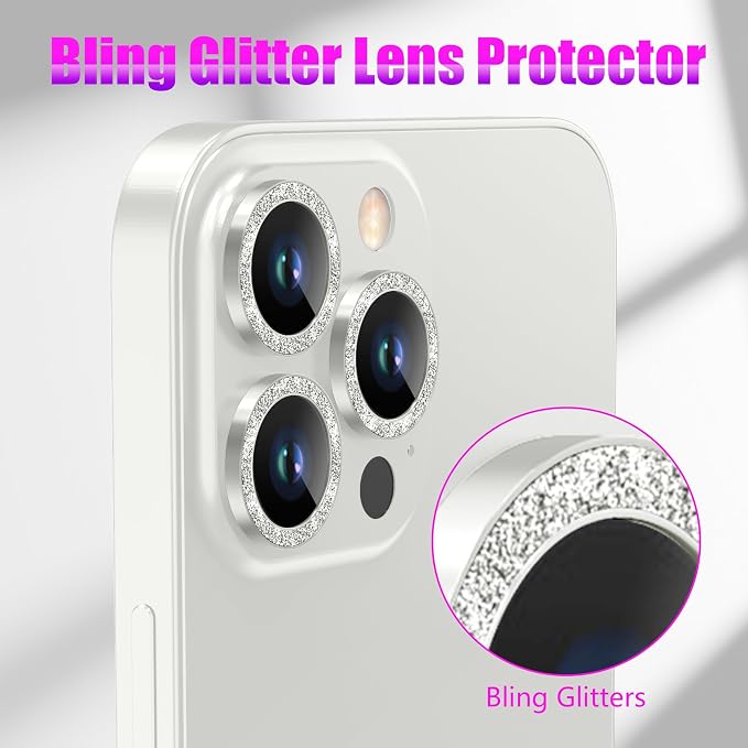 AGVEE 3+3 6 Pack for iPhone 12 Pro Max Camera Lens Protector Cover | Individual Bling Diamond & Bling Glitter Sparkle Cute Gem Metal Ring, 9H Tempered HD Glass - Image 5