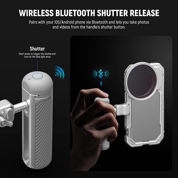 NEEWER Quick Release Side Handle with Detachable Bluetooth Shutter, Anti Off Cold Shoe, 360° Rotation, Compatible with iPhone 16 Pro 16 Pro Max S25 Ultra Phone Cage Accessories, Silver + Gray, PA045E - Image 3