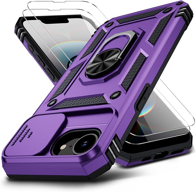 for iPhone 17e Case & iPhone 16e Case with 2X HD Screen Protector & Slide Camera Cover & Rotated Ring Kickstand, Rugged Heavy Duty Protective Phone Case for iPhone 17e/16e 6.1 inch, Purple by Muntinfe