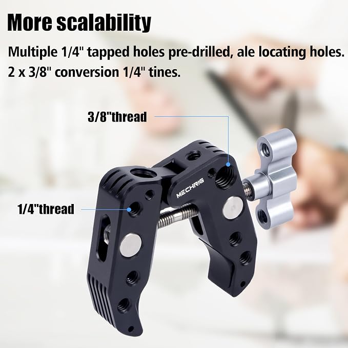 Universal Camera Clamp 10-60mm with 1/4"-3/8" Threads & Positioning Holes - Multi-Angle Adjustable Clamp for DSLR, Bike Handlebar, Desktop Streaming (Lightweight Aluminum Alloy) 62019 - Image 7