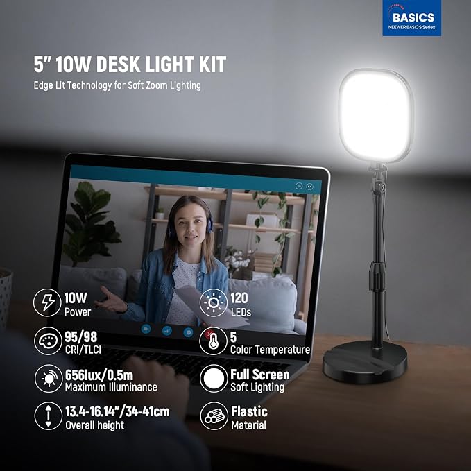 NEEWER Basics 5" Full Screen LED Ring Light with Stand for Desk Video Calls, CRI95, 10W Bi Color Edge Lit Zoom Conference Lighting for Computer Laptop Webcam Phone Streaming Recording, NL10 - Image 2