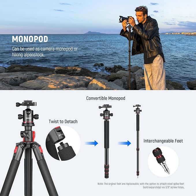 NEEWER 72 inch Camera Tripod Monopod with Center Column and Ball Head Aluminum, Arca Type QR Plate, Bag, Horizontal Tripod Overhead Camera Mount for DSLR Camera, Video Camcorder, Max Load: 33lb | Aluminum, Arca Type QR Plate, Bag, Horizontal Tripod, Ov... - Image 6
