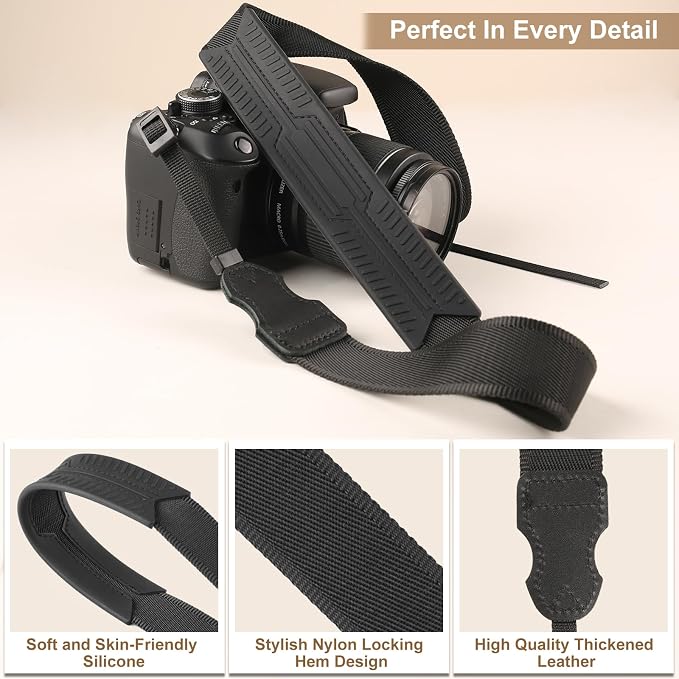 FIEIL Neck Strap Silicone Camera Straps - Padded Camera Strap, 1.5" Wide Adjustable Nylon Shoulder Strap - Compatible with Canon, Nikon, Sony, and More DSLR and Mirrorless Cameras (Black) - Image 3