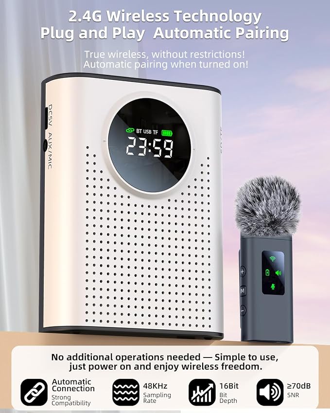 S67 Rechargeable Voice Amplifier Wireless Microphone Dual for Teachers Classroom, Mini Lavalier Lapel Mic Clip Magnetic, Bluetooth Speaker with LED Display for Class, Tour Guide, Coaches, White - Image 4