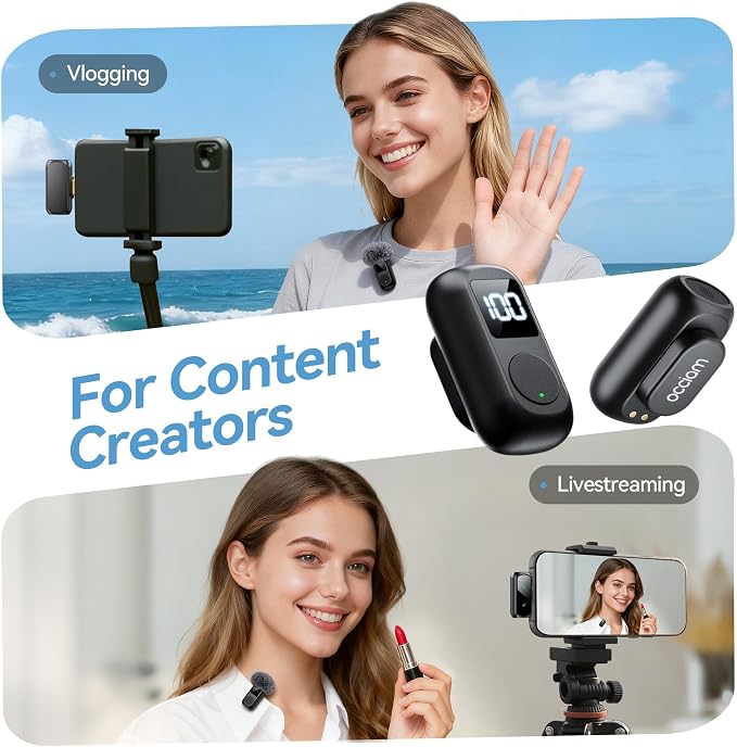 occiam Mini Lavalier Microphone for iPhone & Android Wireless Microphone | Noise Reduction Magnetic Mini Lapel Mic with 54H Charging Case for YouTube Podcast Tiktok Vlogging Video Recording Black - Image 9