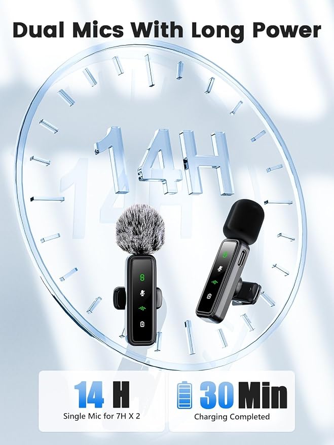 3 in 1 Wireless Lavalier Microphones for iPhone/Android/Camera, 2 Pack Mini Microphone LED Display Lapel Omnidirectional Mic with Mute/Reverb/Noise Reduction for TikTok/Podcast/Vlog Recording - Image 6