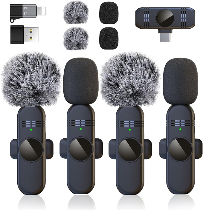 4 Wireless Lavalier Microphones Systems for iPhone Android Phone Pad Computer, Pro Clip On Mini Lapel Mics Little for Content Creators Video Recording Vlogging Podcast Stream, 48KHz 24Bit by ZERFUN