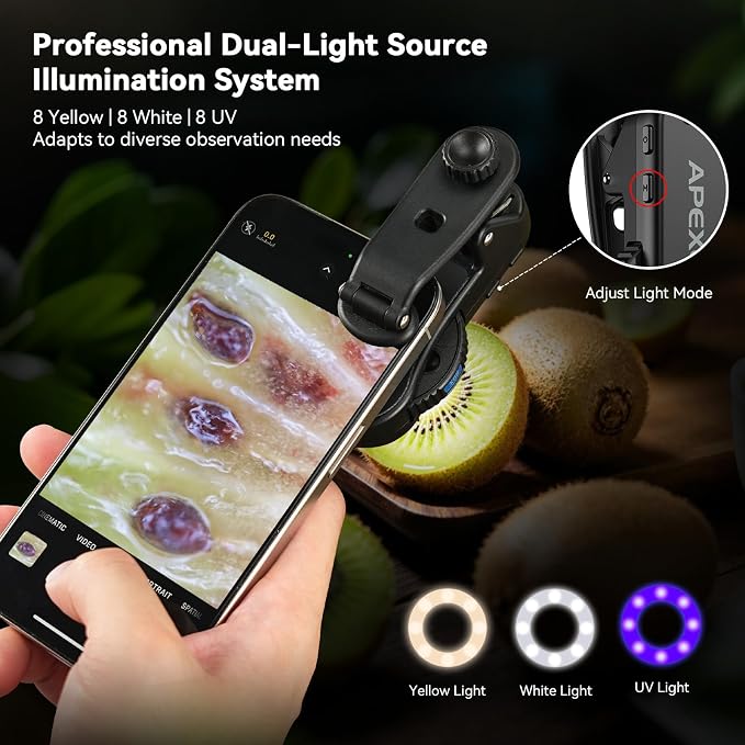 APEXEL 40x/80x/120x 3-in-1 Phone Micro Lens Phone Microscope Lens | With Universal Clip/CPL/16 LED/8 UV LED, Wheel Design, Pocket Portable Microscope for iPhone, Samsung & Android - Image 5