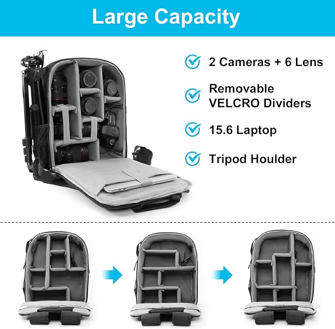 CADeN Camera Backpack Bag for DSLR/SLR Mirrorless Camera Waterproof with 15.6 inch Laptop Compartment, USB Charging Port, Tripod Holder, Rain Cover, Camera Case Compatible for Sony Canon Nikon Black L - Image 3