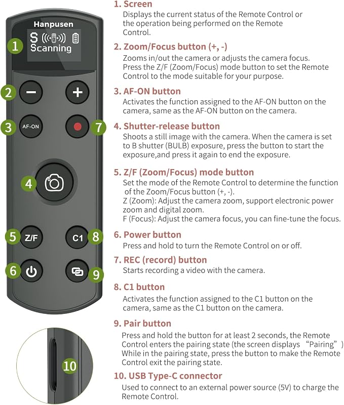 for Sony Camera Remote Control, Hanpusen Rechargeable Wireless Shutter Release with OLED Screen for ZV-E10/ZV-1/A7 III/A7 IV/ZV-1F/A6400/A6700/A6600/A6100/ZV-E1/FX30/A7C II/FX3, Replace RMT-P1BT - Image 8