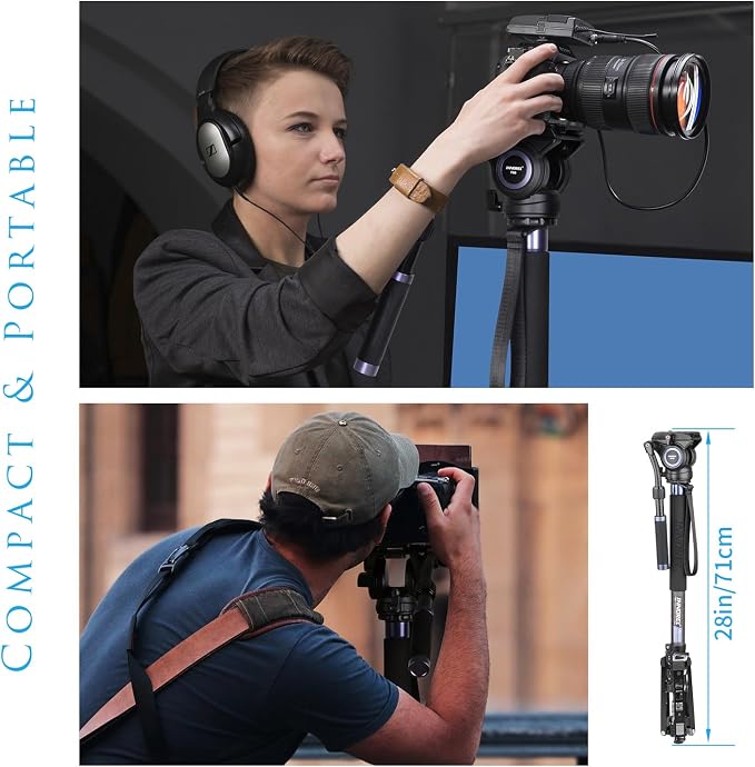 Carbon Fiber Video Monopod Kit-VM70CK Professional Hydraulic Fluid Head Monopod Removeable Multifunctional Travel Tripod Stand for Gopro DSLR Camera Telescopic Camcorders, Max Load 13 pounds/6 kg - Image 2
