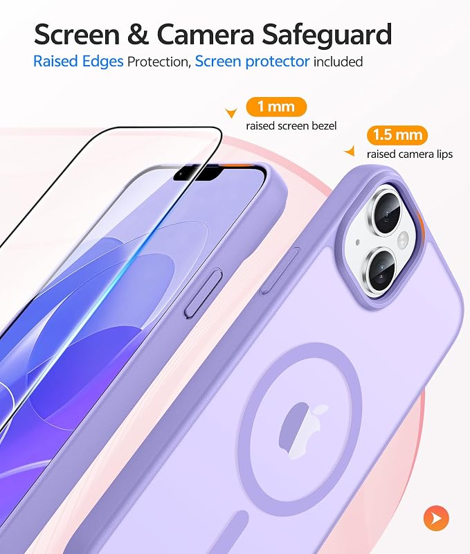 FNTCASE for iPhone 15/14 Plus Case, Fit for Magsafe, Screen Protector | Translucent Matte Magnetic Back, 14FT Military Grade Drop Protection, Shockproof Protective Phone Cover, Light Purple - Image 4