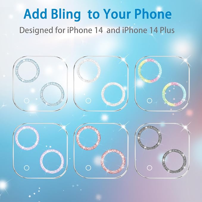 3 Pack Dengduoduo Tempered Glass Camera Lens Protector for iPhone 14 6.1" & iPhone 14 Plus 6.7", Glitter Bling Diamond, Ultra HD, 9H Hardness, Anti-Scratch, Case Friendly, Easy to Install [No Affect on Night Shots] - Image 6