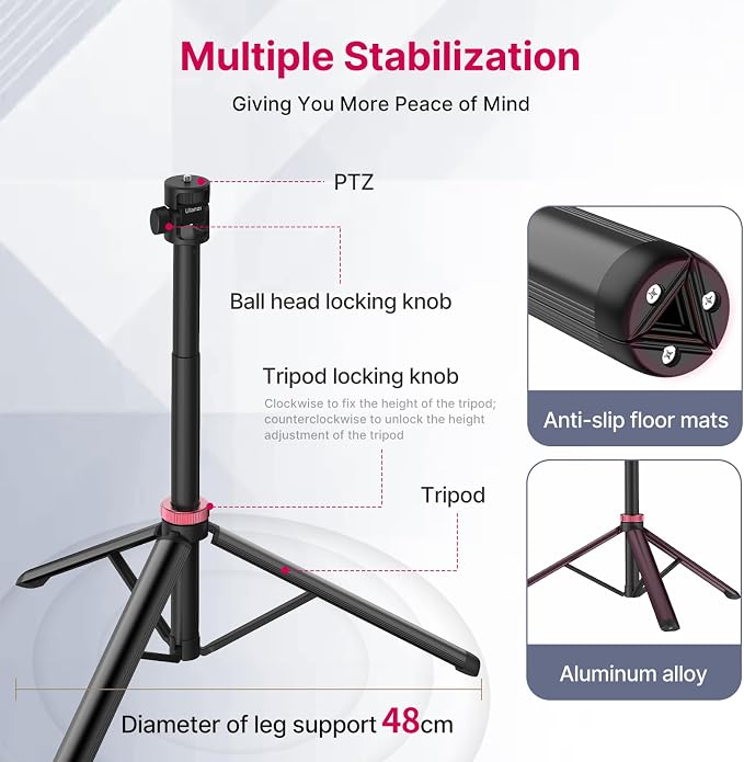 VIJIM MT-79 Extendable Photography Light Stand, 81" Portable Adjustable Light Tripod with 1/4" Screw, 360° Ball Head Camera Phone Tripod for Continute Output Lighting, Webcams, Cameras,for Pocket3 | Extendable Photography Tripod Stand With 180° Adjusta... - Image 5
