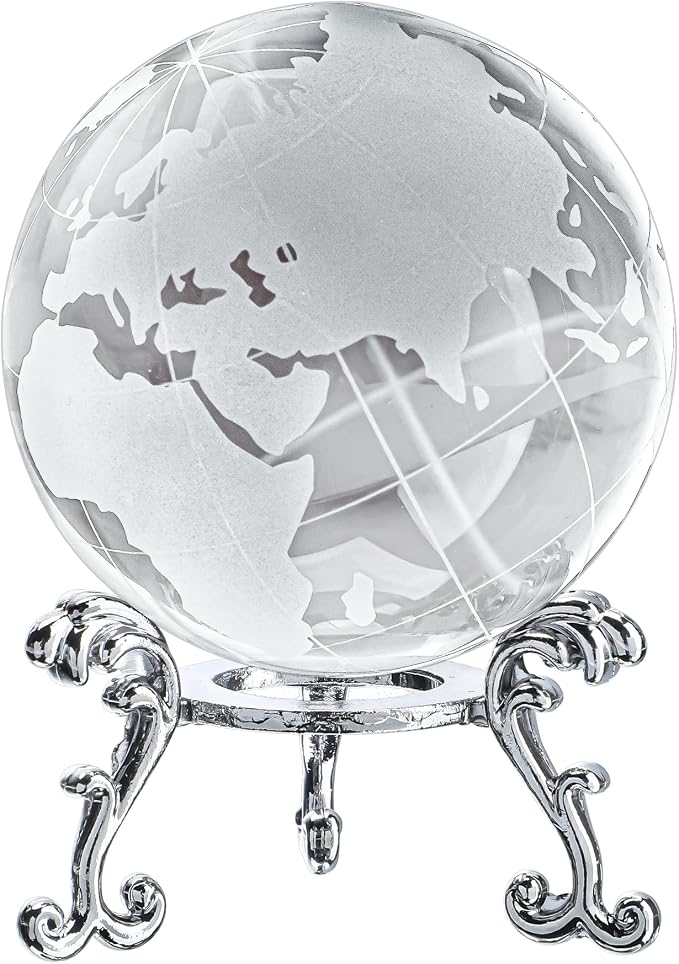 Crystal Globe World Globe Decor, 2.3" Glass Earth Ball with Stand | K9 Crystal Clarity, 2.3" Desktop Size, Stable Stand for Office, Study, Living Room & Gift Display by ForCrystalLovers